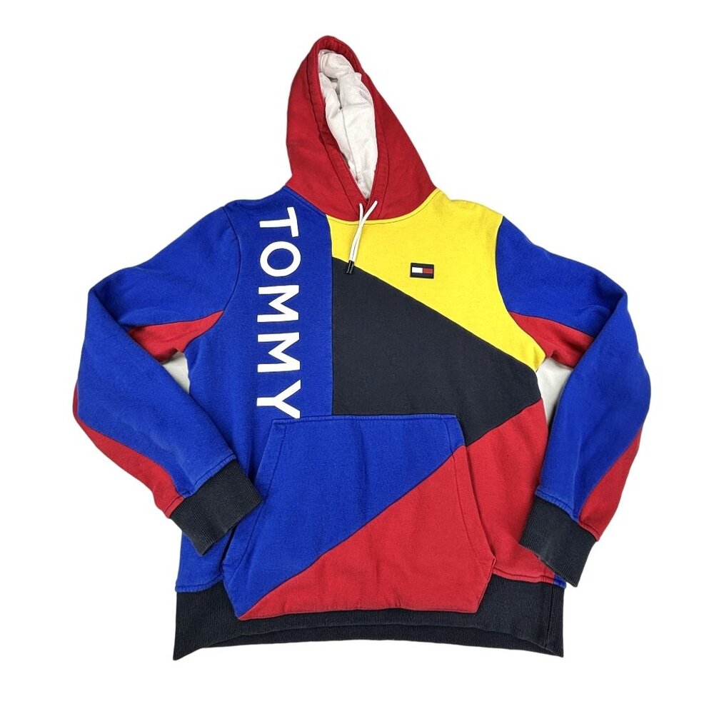 Tommy Hilfiger Hoodie Mens Medium Color Block Colorful Loud Spell Out Sweater